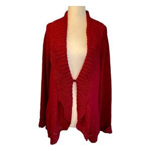 Tweeds Waterfall Cardigan Sweater Red Open Knit Long Sleeve Yoke Collar XL